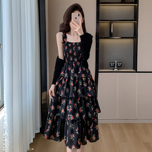 法式黑色玫瑰碎花吊带连衣裙女夏季收腰两件套小众蛋糕裙长款