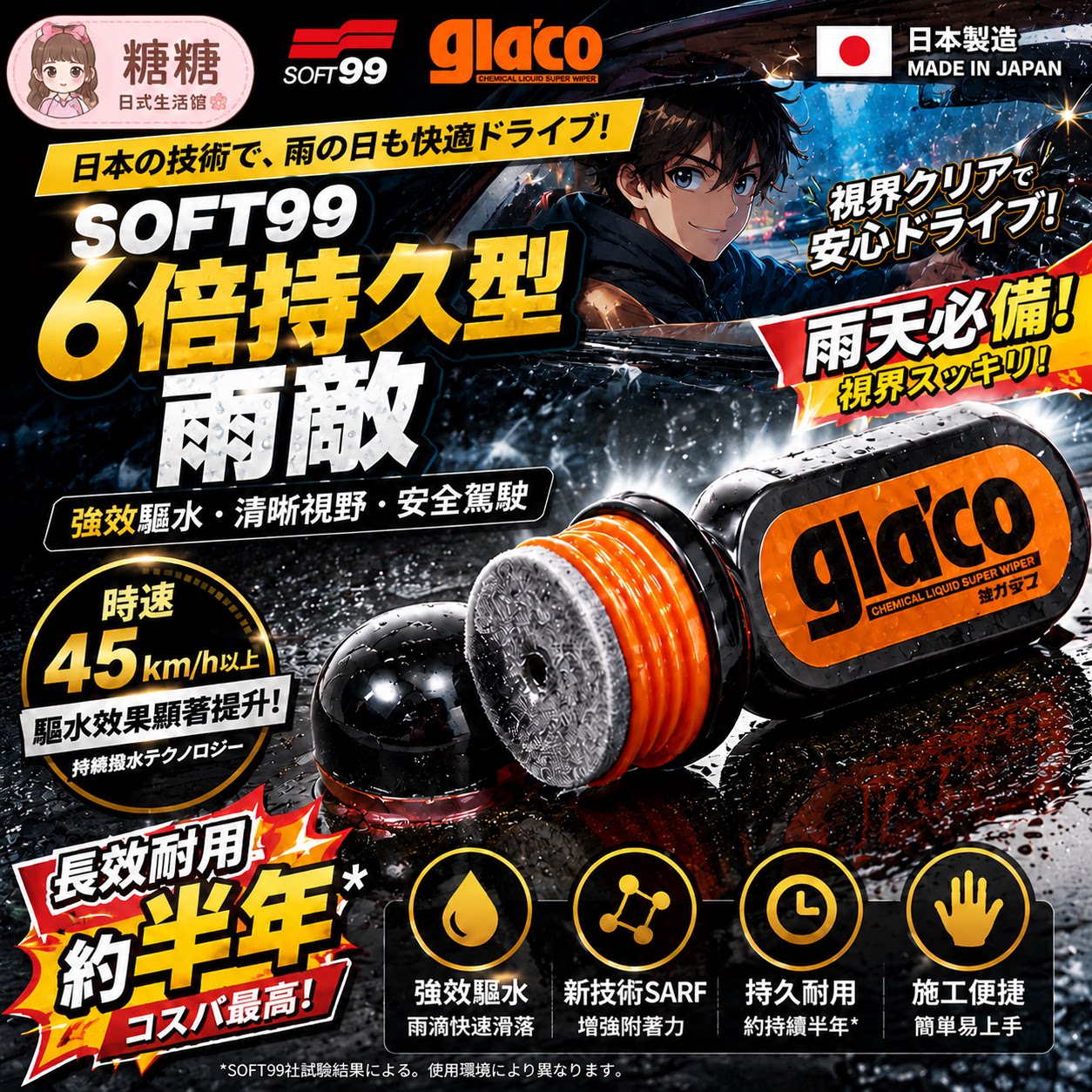 SOFT99 Glaco 汽车挡风玻璃驱水剂 雨敌长效防雨防水日本原装进口