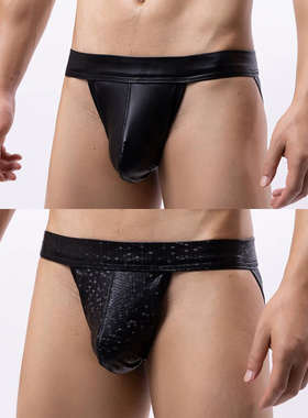 男士双丁字内裤仿皮漆皮三角大囊袋性感紧身露后空舞台表演短裤衩