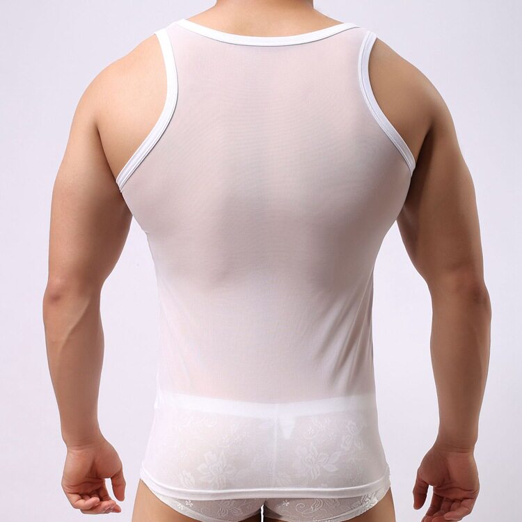 남성용 답답하지 않은 메쉬 투명 민소매 라운드 넥 조끼 재미 섹시한 조끼 잠옷 홈 나이트 클럽 스타킹