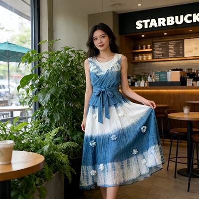 扎染无袖连衣裙女春夏季新款背心裙收腰显瘦度假裙子甜美气质长裙