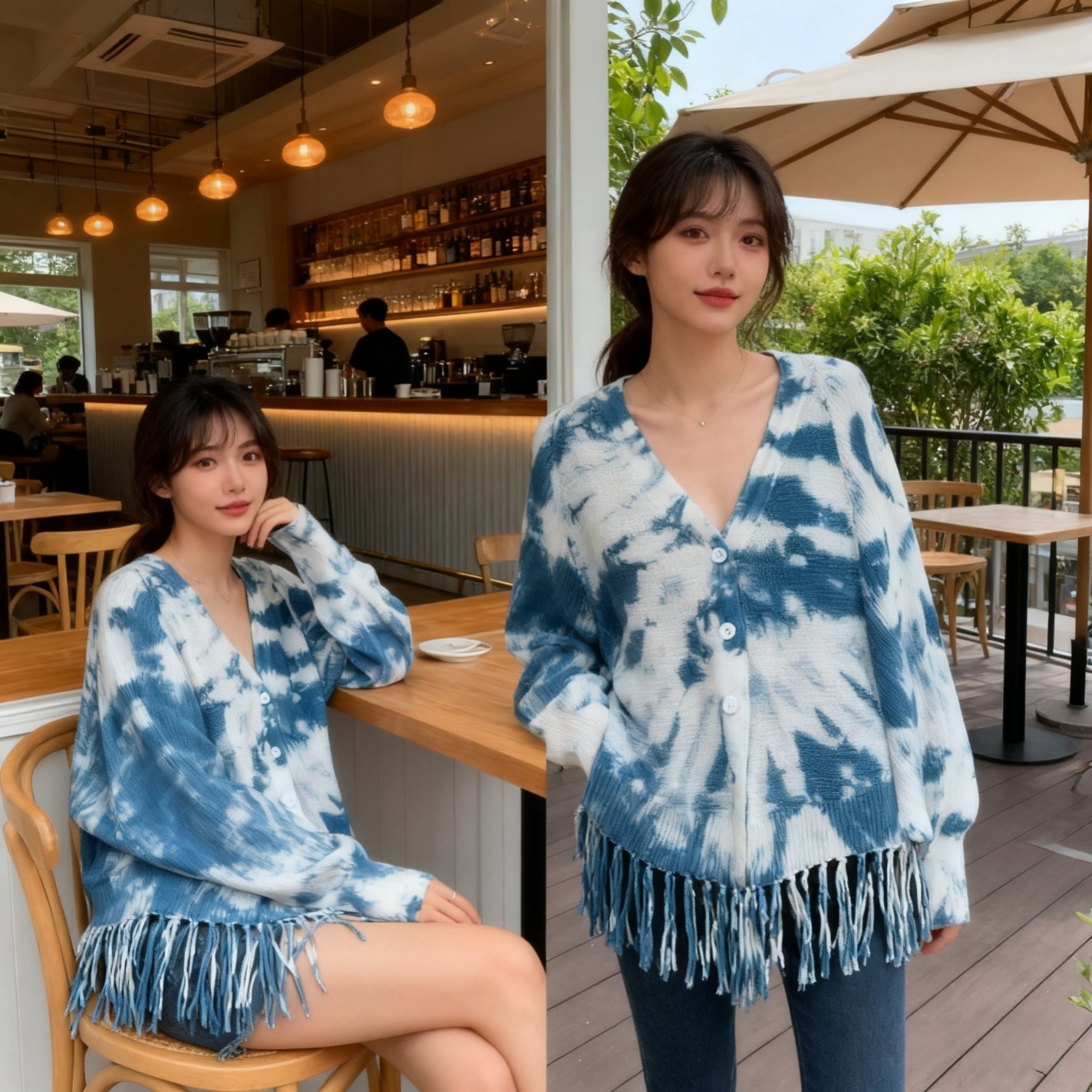 秋冬针织开衫女中长款百搭蝙蝠衫针织衫宽松慵懒风毛衣扎染外套女