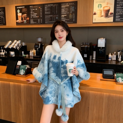 扎染冬季披风毛领外套女2025秋冬新款中长款大衣宽松大码保暖上衣