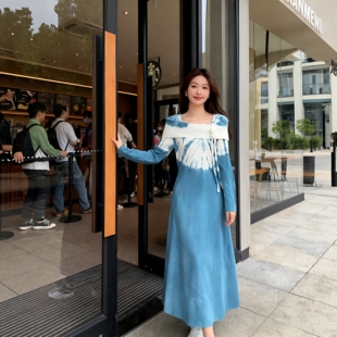 手工扎染针织连衣裙女秋冬季修身气质长裙外穿内搭打底裙毛衣裙子