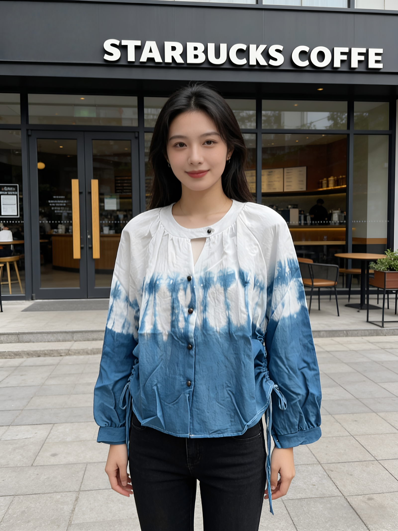 云南大理扎染棉麻系带收腰上衣女短袖春夏新款设计感t恤百搭衬衫