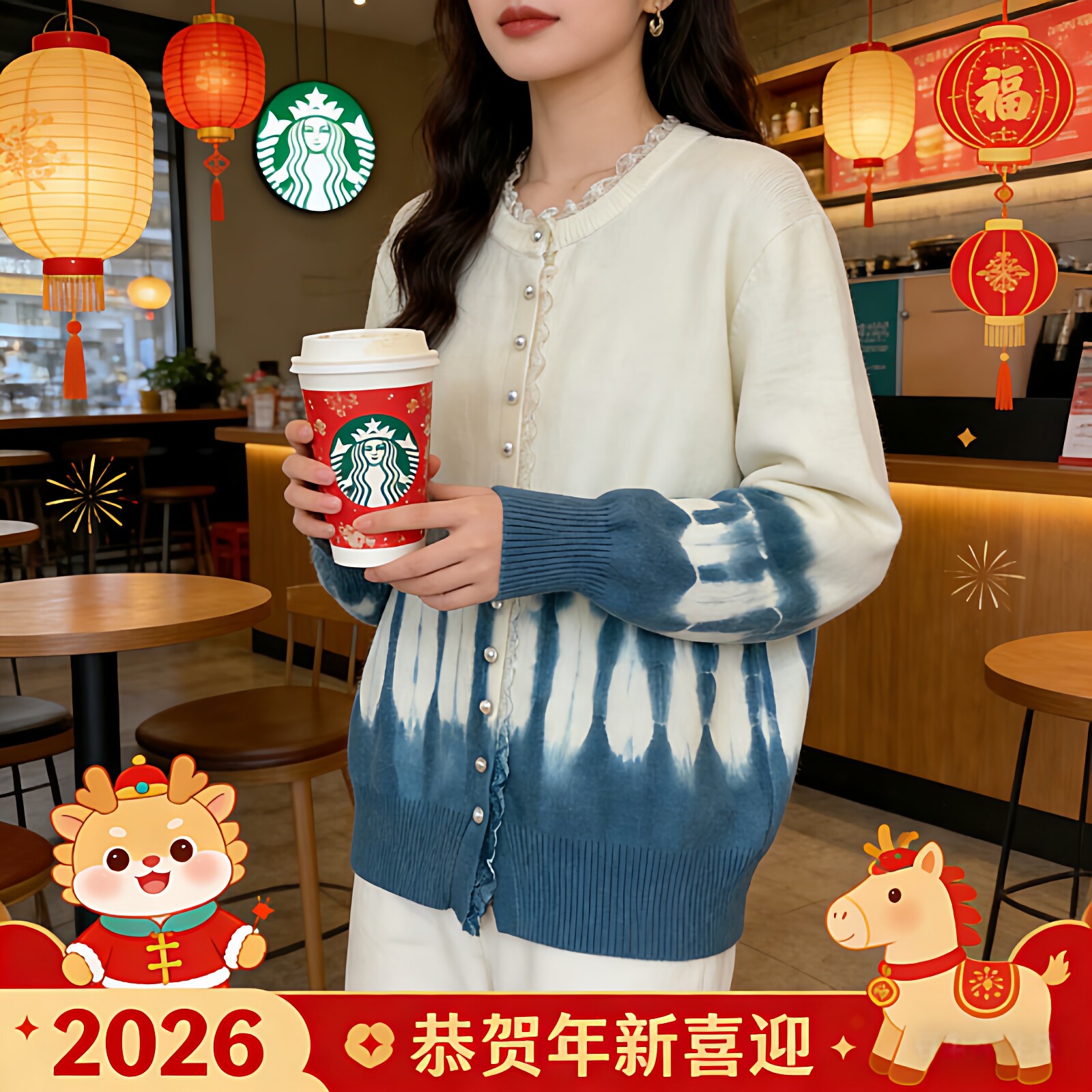 扎染蕾丝边领针织开衫女春秋新款百搭珍珠扣毛衣气质显瘦长袖上衣