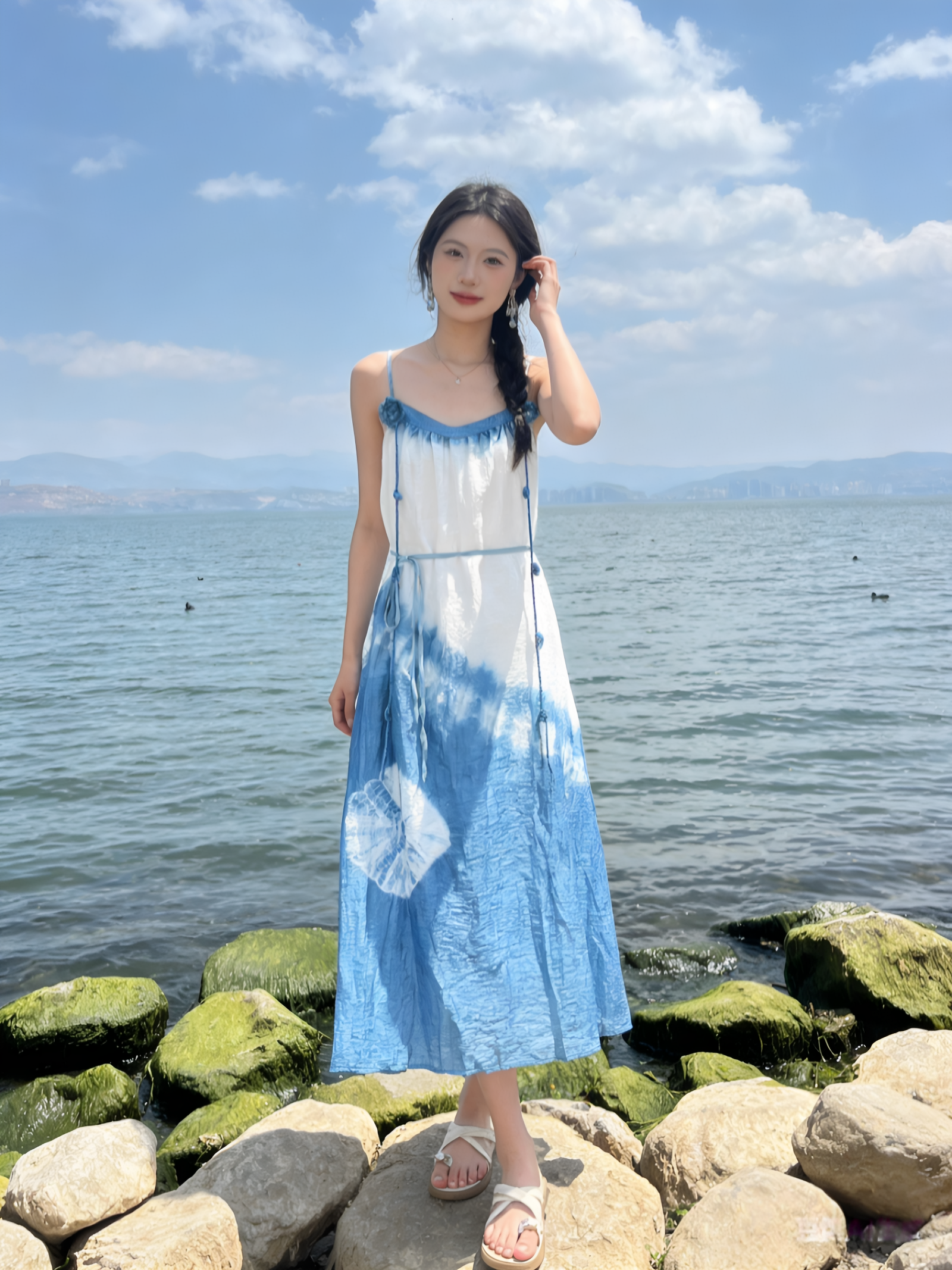 原创设计扎染裙子系带收腰吊带连衣裙女夏季新款甜美气质度假长裙