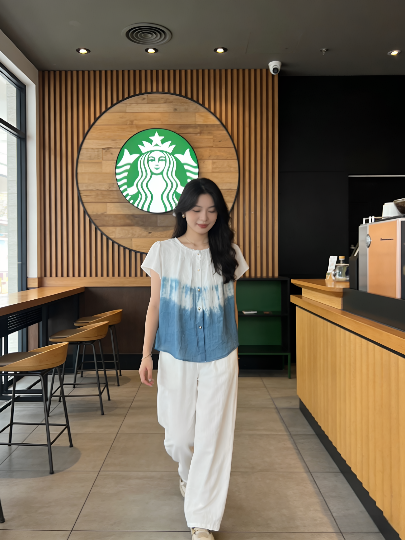 扎染天丝棉圆领上衣女短款夏季新款百搭宽松衬衣圆领小个子衬衫女