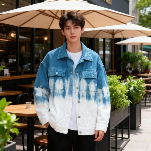 港风扎染牛仔外套男春秋宽松渐变夹克ins潮流痞帅工装牛仔衣上衣