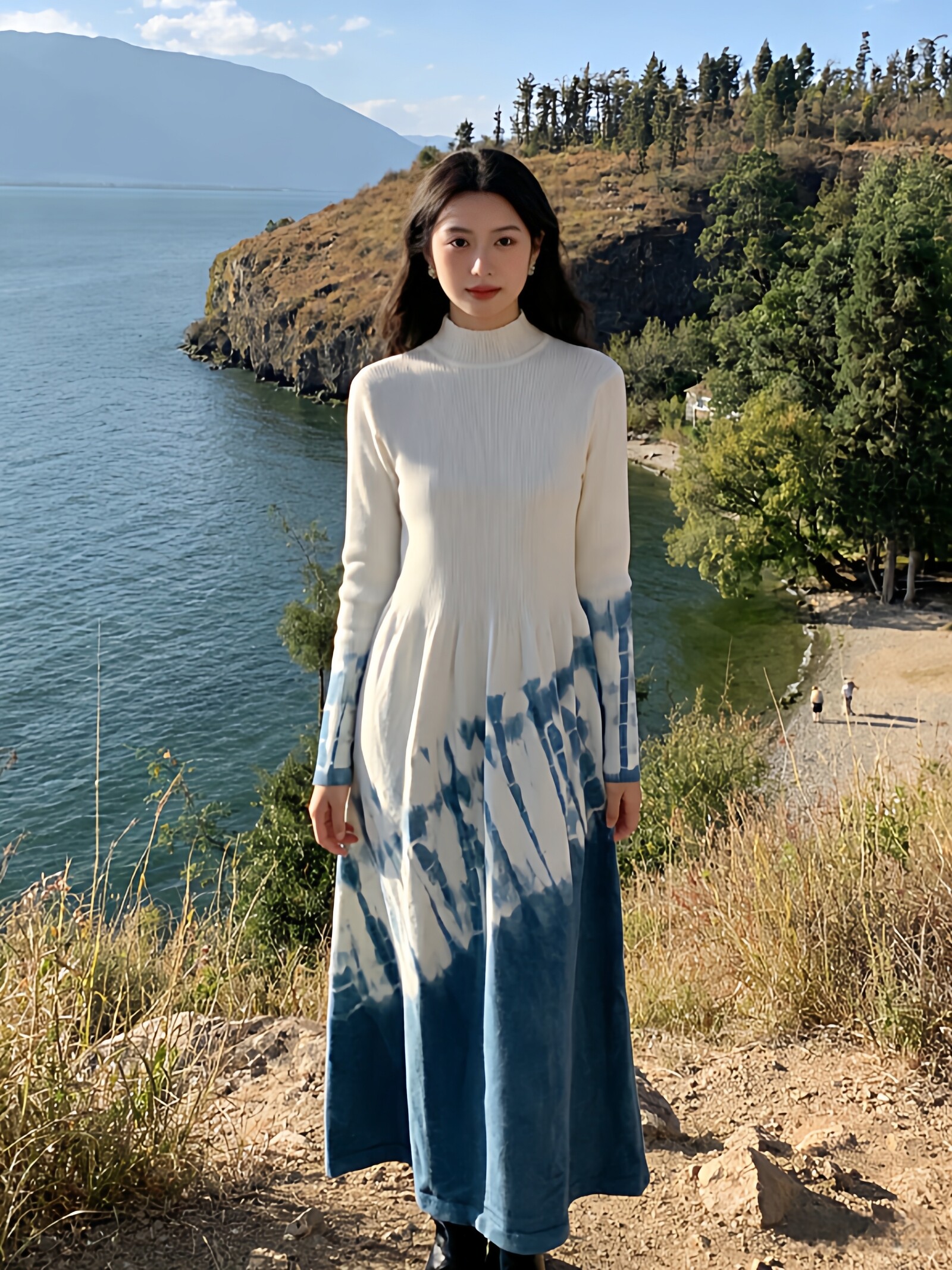 扎染打底内搭针织连衣裙女春秋冬季新款气质显瘦超长款毛衣裙长裙