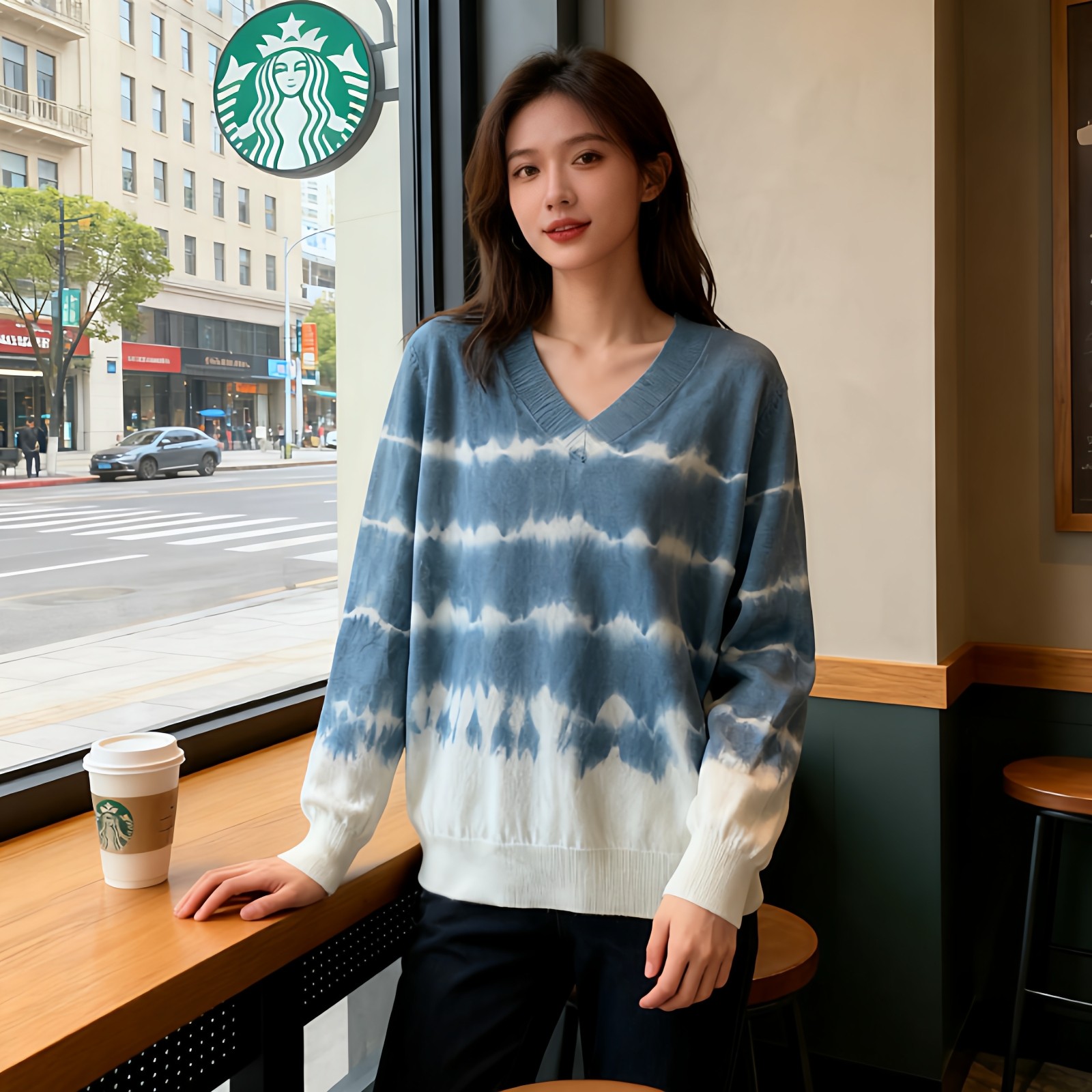 扎染复古毛衣女2026春秋新款宽松V领针织衫长袖上衣休闲百搭毛衣