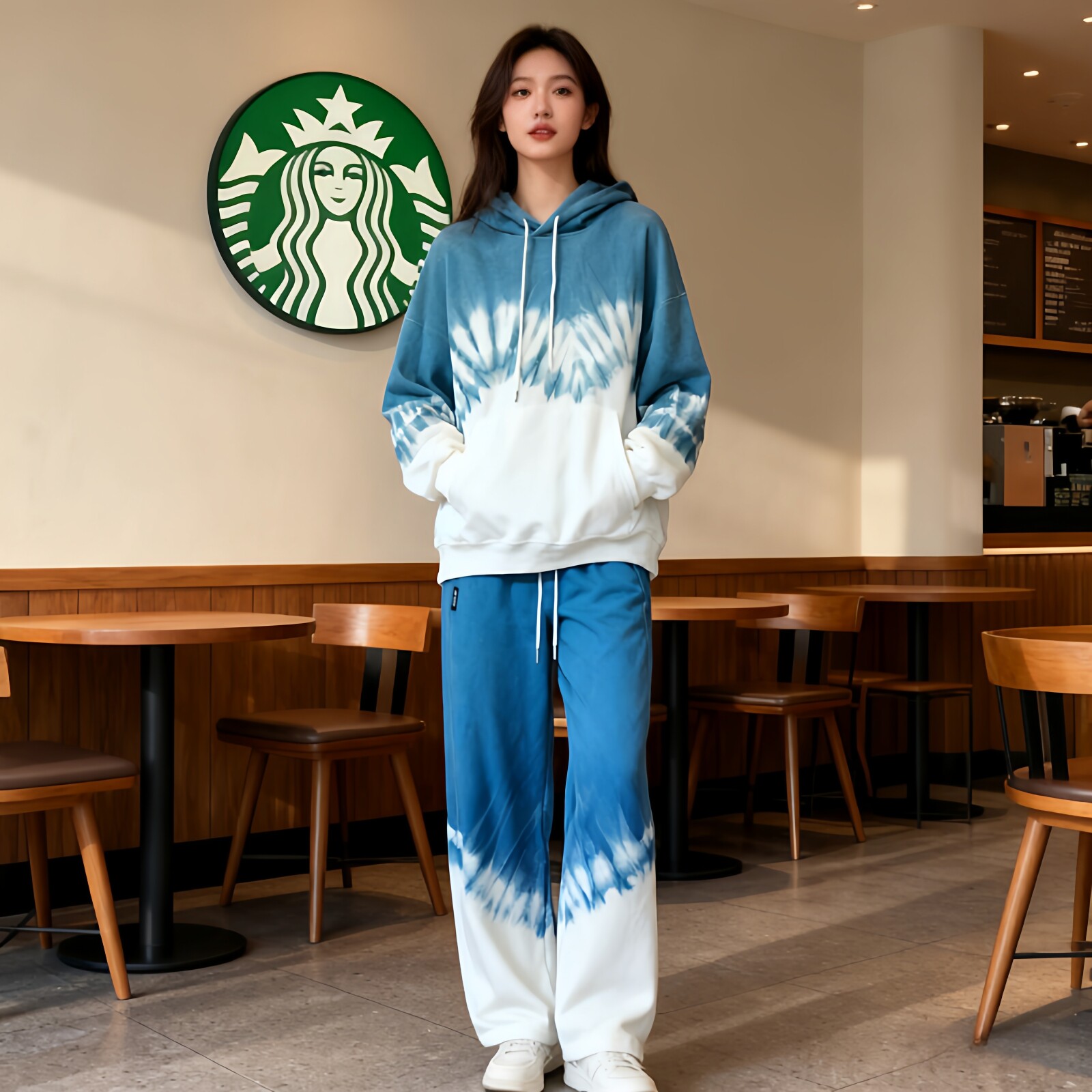 扎染休闲运动服套装女2025秋冬新款宽松连帽卫衣阔腿长裤两件套女