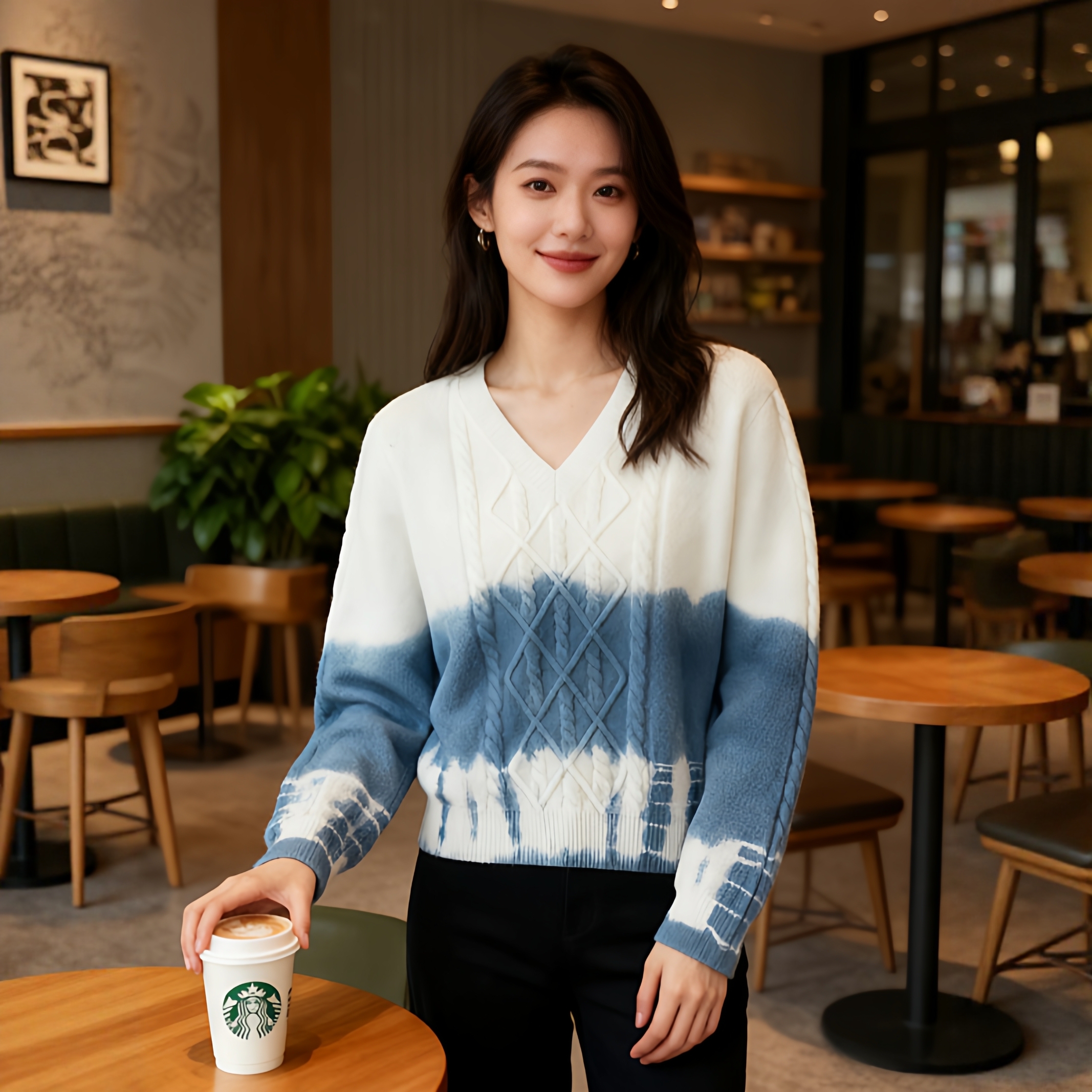 扎染针织衫v领内搭女秋冬新款百搭显瘦打底衫外穿毛衣上衣女长袖