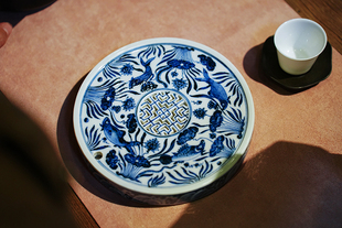 仿古宣德青花鱼藻纹干泡台茶盘茶具 中式茶生活家用圆形茶台