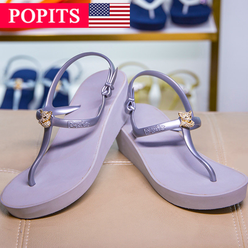 POPITS女士新品正品5cm舒适坡跟拖鞋人字拖夹脚拖凉鞋系列