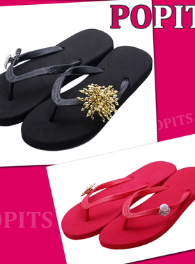好莱坞明星款POPITS新款儿童黑色红色平底拖鞋人字拖夹脚拖亲子