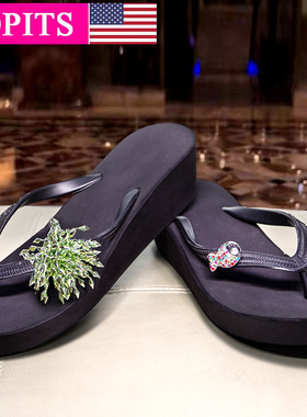 POPITS正品5厘米人字拖鞋女士坡跟时尚人字拖沙滩夹脚拖鞋