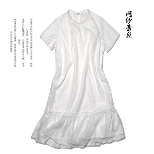春夏2025新款女装白色蕾丝网纱圆领短袖连衣裙短装直筒宽松连衣裙