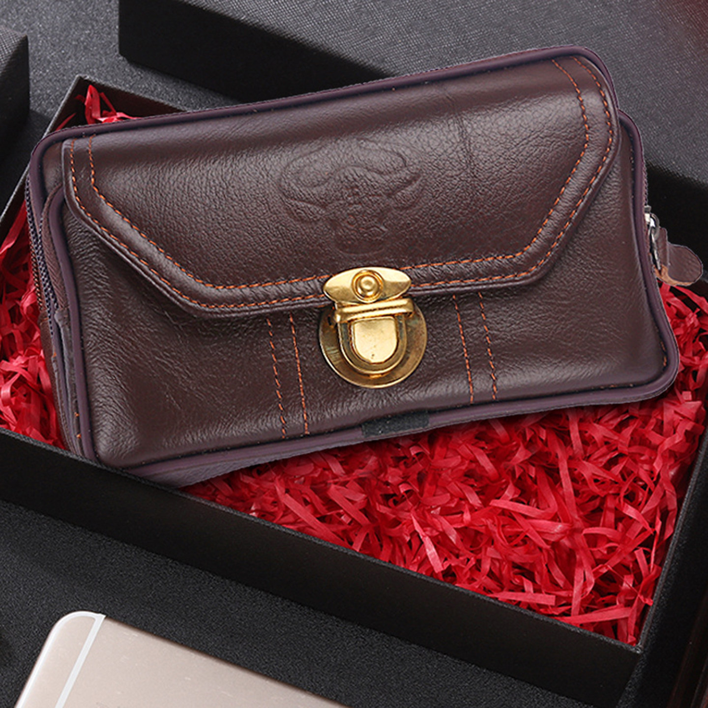 手机腰包老人包专用包极简男款拉链布时尚横款开放式真牛皮拉链包