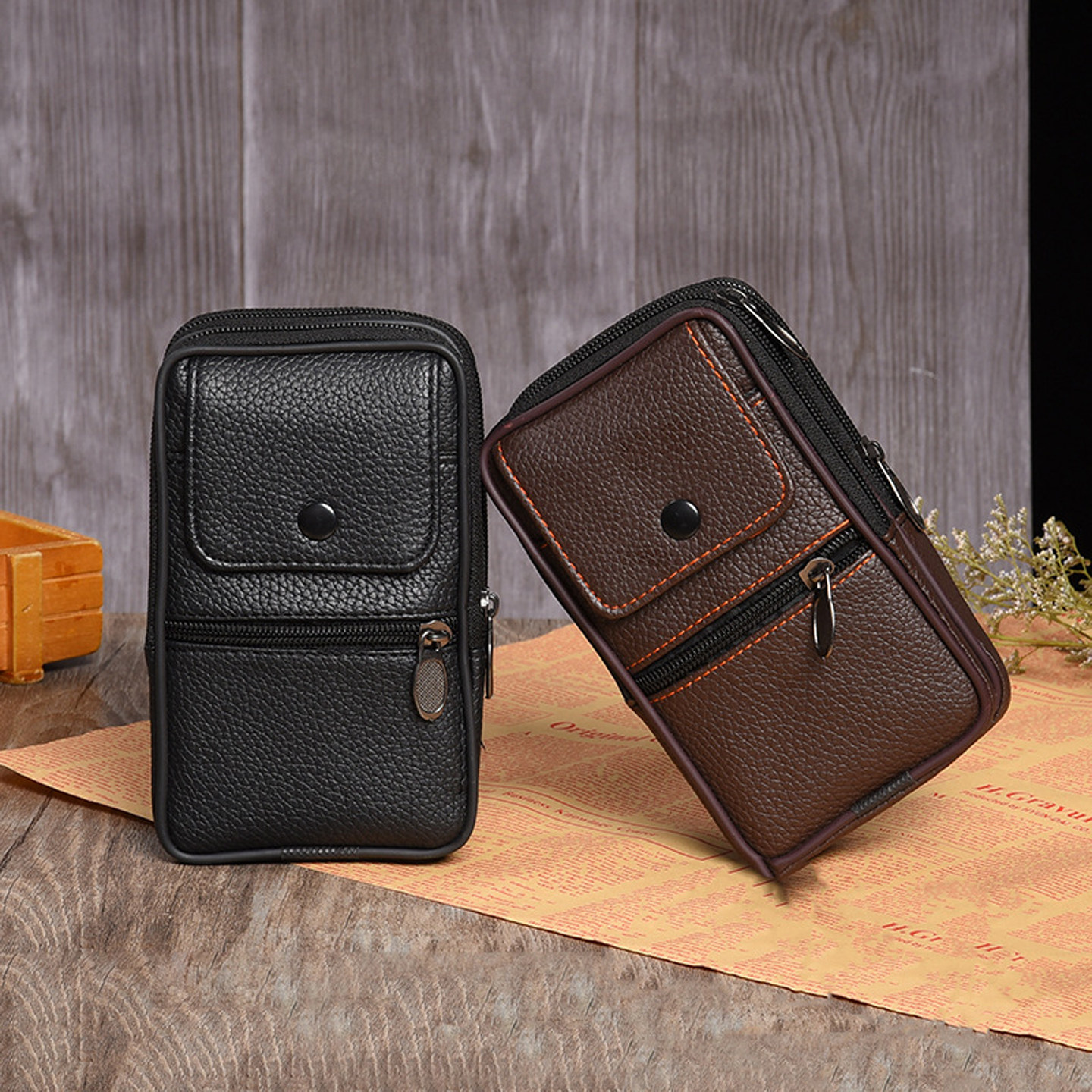 男士竖款多层拉链大容量手机腰包