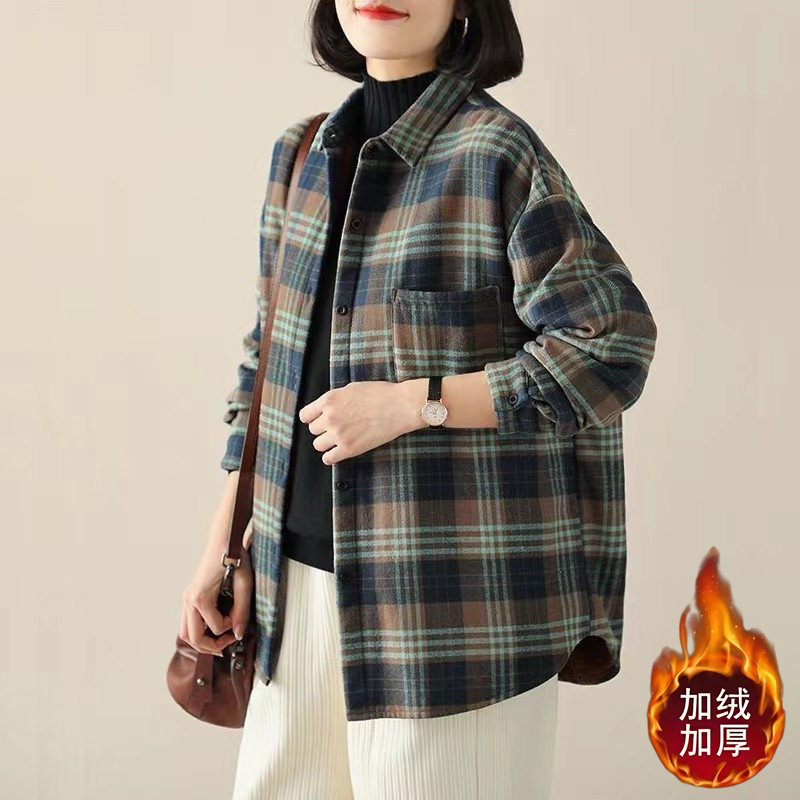 轻奢高级感复古磨毛格子长袖衬衫外套女秋冬加绒宽松大码休闲上衣