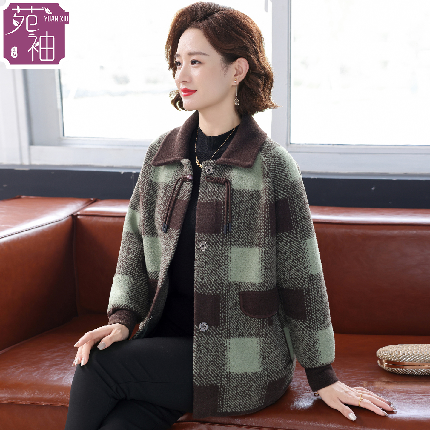 妈妈春秋装外套洋气高贵格子上衣服中老年人女秋冬新中式毛呢开衫