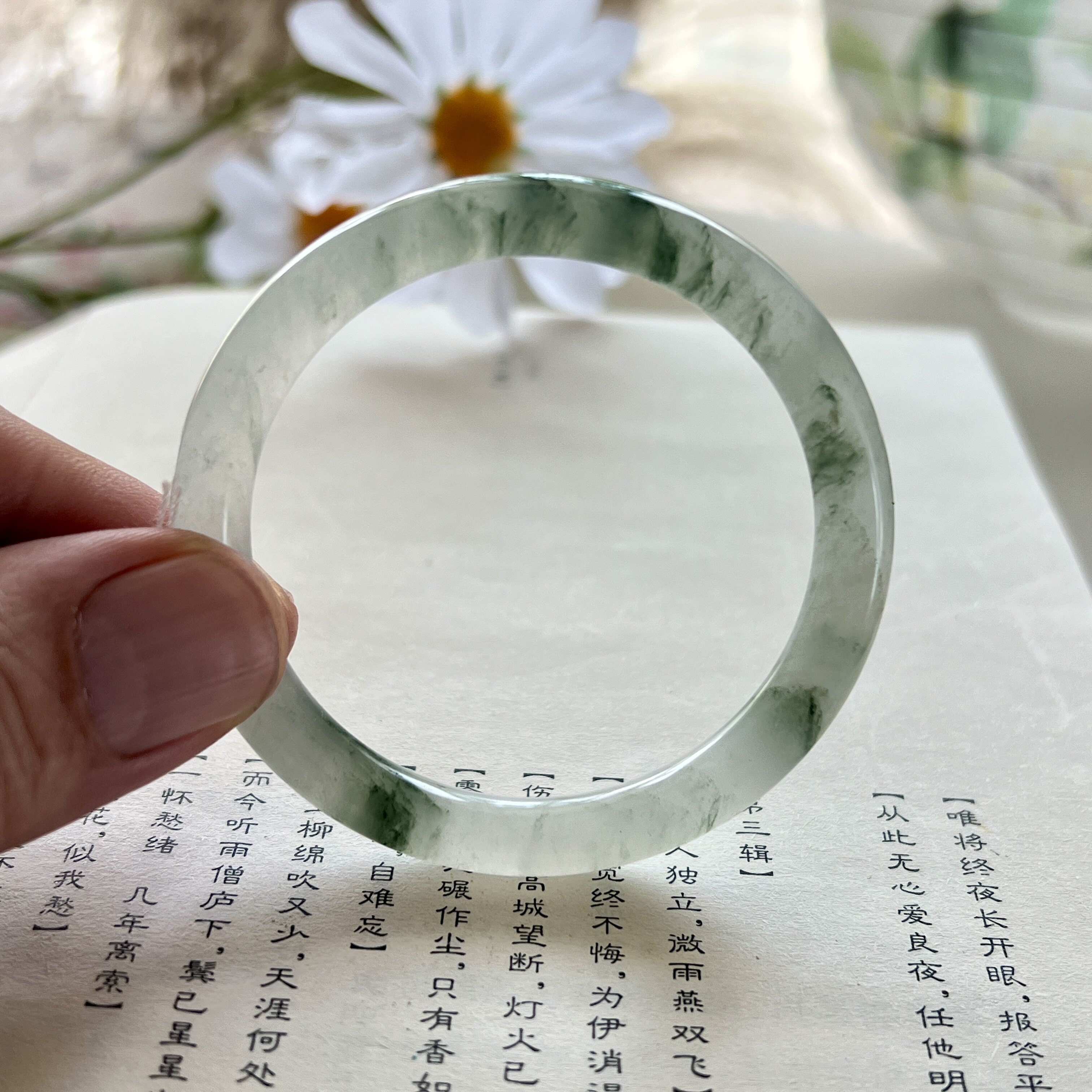 丝绿天山翠手镯细圆条50mm飘花玉镯新中式少女镯学生款闺蜜女N18