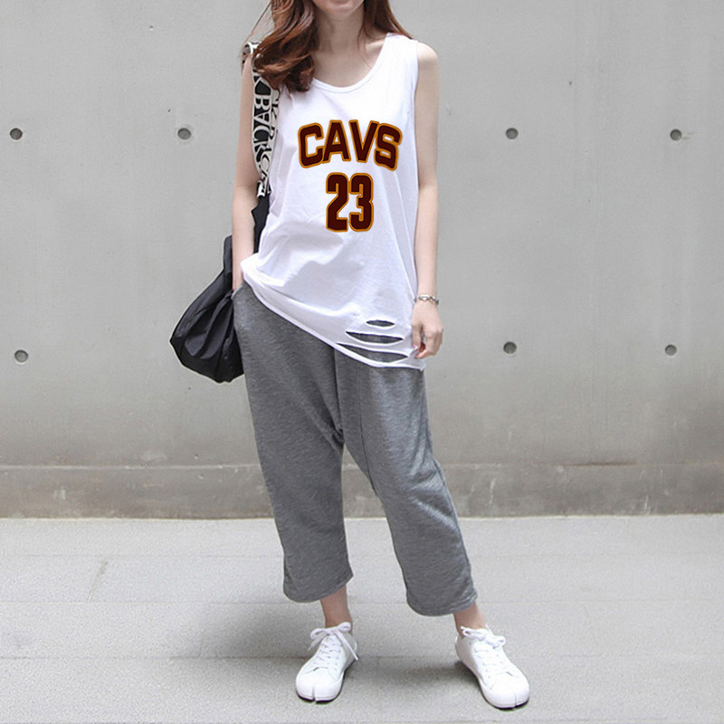 纯棉破洞无袖上衣篮球背心女嘻哈街头加大码宽松女式打底白色吊带