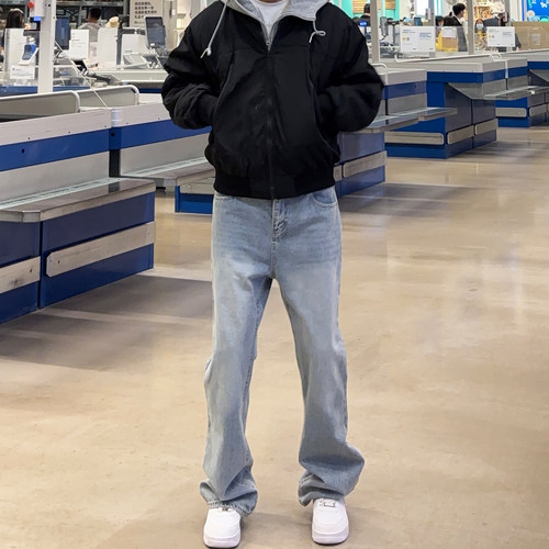 UNCLEBLUE 新款巴黎Bootcut冰蓝黑灰自然水洗落色微喇长裤牛仔裤