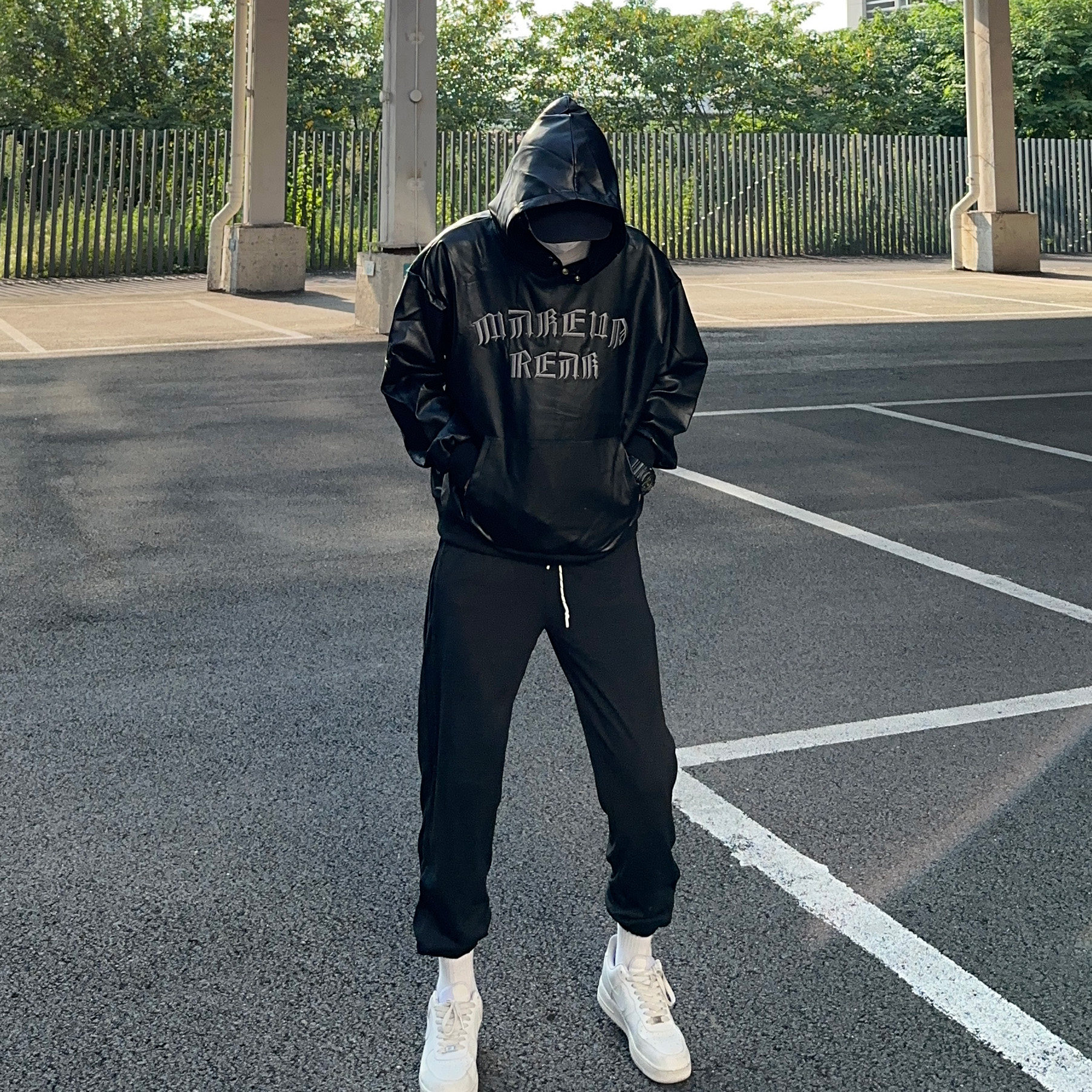UNCLEBLUE 美式复古水洗PU软皮革宽松英文字母刺绣花潮牌连帽卫衣