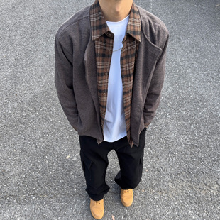 UNCLEBLUE秋季假两件外套拼接老钱风人夫感衬衫领格纹休闲上衣男