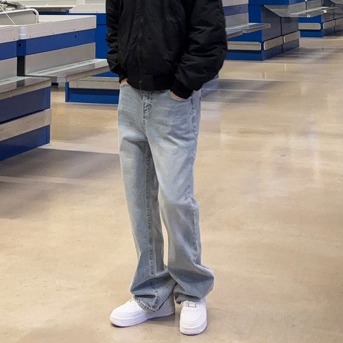 UNCLEBLUE 新款巴黎Bootcut冰蓝黑灰自然水洗落色微喇长裤牛仔裤