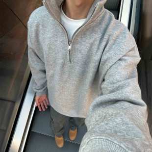 UNCLEBLUE美式 立领卫衣外套 秋冬500G半高领cleanfit半拉链boxy版