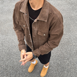 夹克翻领上衣纯棉 高街宽松工装 UNCLEBLUE美式 复古牛仔外套男士