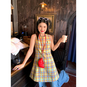 夏季 新品 连衣裙女装 今屿花花 黄色格子背心裙收腰无袖 a字裙设计感