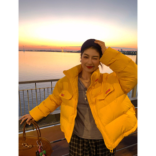 设计感小众加厚立领外套 2024年新款 今屿花花黄色短款 羽绒服女冬季