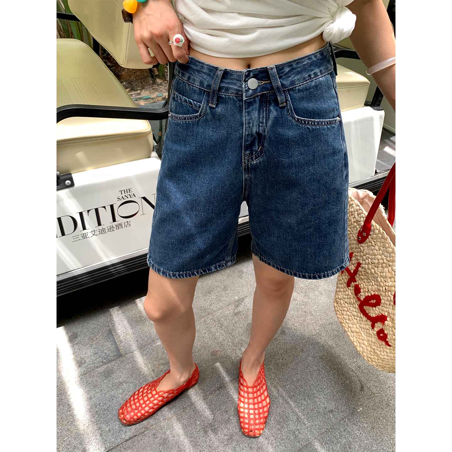 今屿花花 牛仔短裤女夏2025年新款设计感高腰直筒裤小个子五分裤