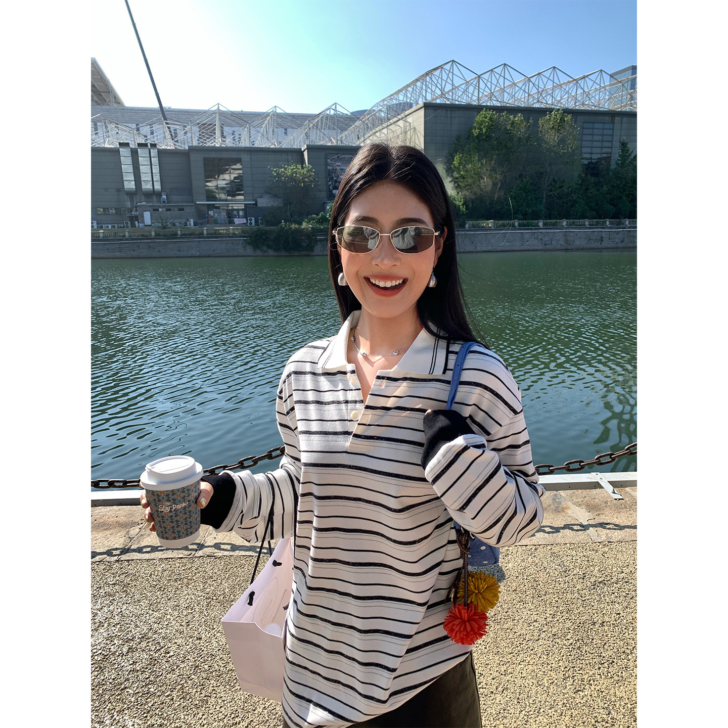 今屿花花 适合单穿的韩系上衣长袖条纹POLO衫女宽松秋装穿搭小众