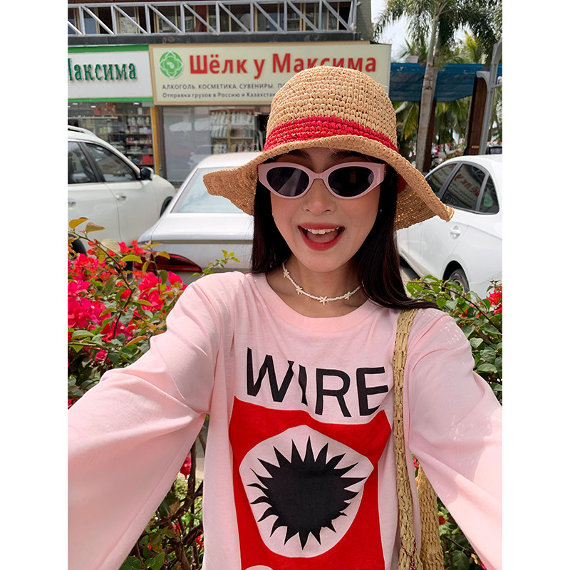 今屿花花长袖粉色宽松T恤女