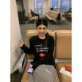 黑色印花t恤上衣女2025新款 长袖 夏季 今屿花花 薄款 显瘦宽松高级感