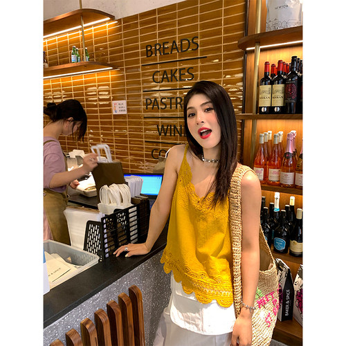 今屿花花黄色v领吊带背心女夏