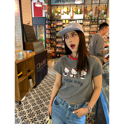 今屿花花 短袖女t恤夏2025新款正肩灰色印花上衣半袖小众设计感
