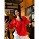 女宽松2025年早春新款 今屿花花红色亚麻衬衫 设计感一字肩上衣小众