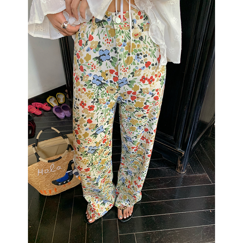 今屿花花白色碎花牛仔裤女夏阔腿