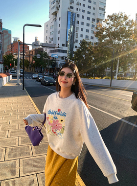 今屿花花浅灰色刺绣卫衣女2025新款加厚加绒圆领无帽套头外套宽松