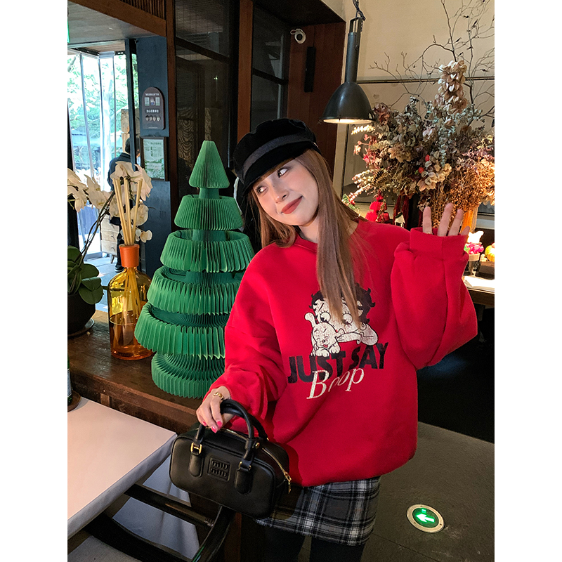 今屿花花红色印花卫衣女冬加绒