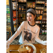 春秋纯棉外穿小众设计感 上衣女2025新款 今屿花花 白色印花t恤长袖