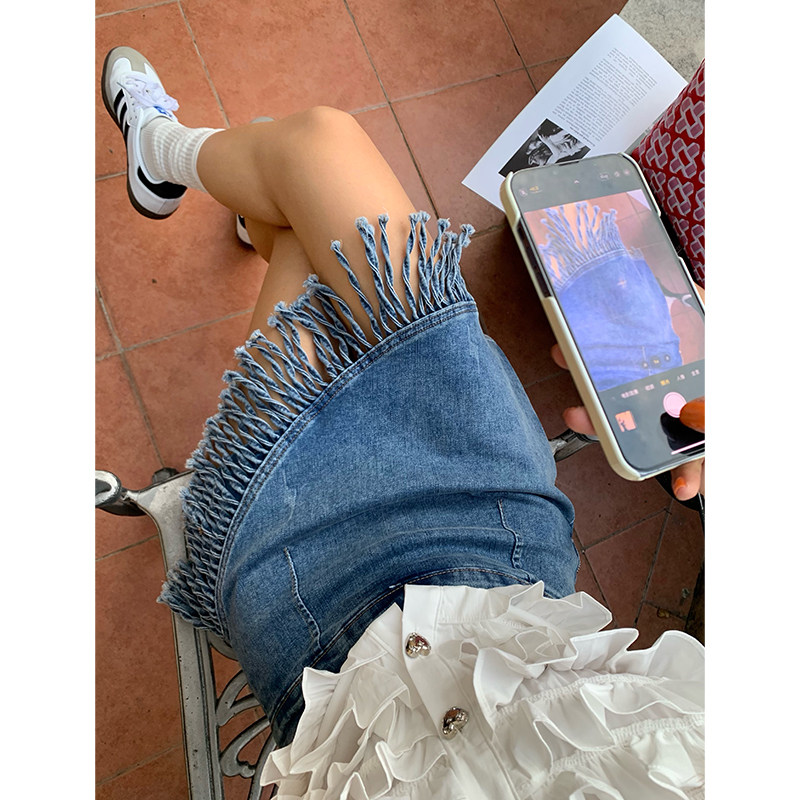 今屿花花蓝色流苏半身裙女夏天