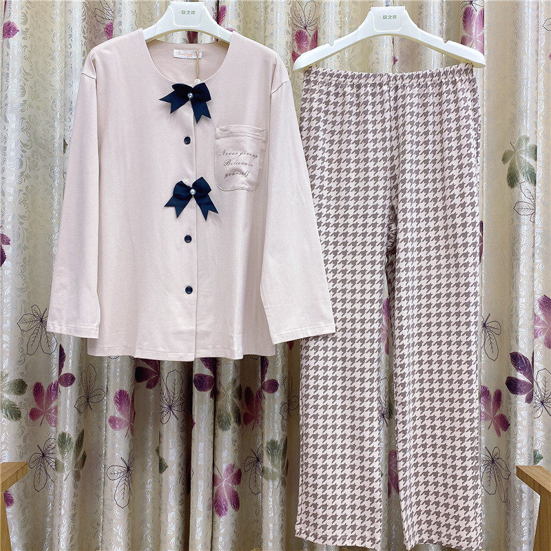 美梦女士睡衣2023春秋季新品圆领开衫纯棉针织休闲长袖简约家居服