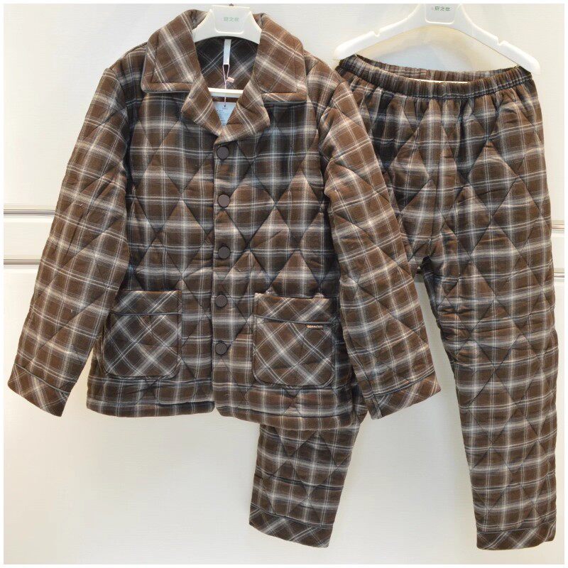 乐可美睡衣男士冬款新款梭织磨毛格子三层加厚夹棉保暖家居服套装